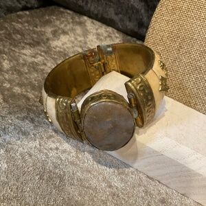 Vintage Chunky Brass Hinged Bracelet from India with Large Blue Gray Stone